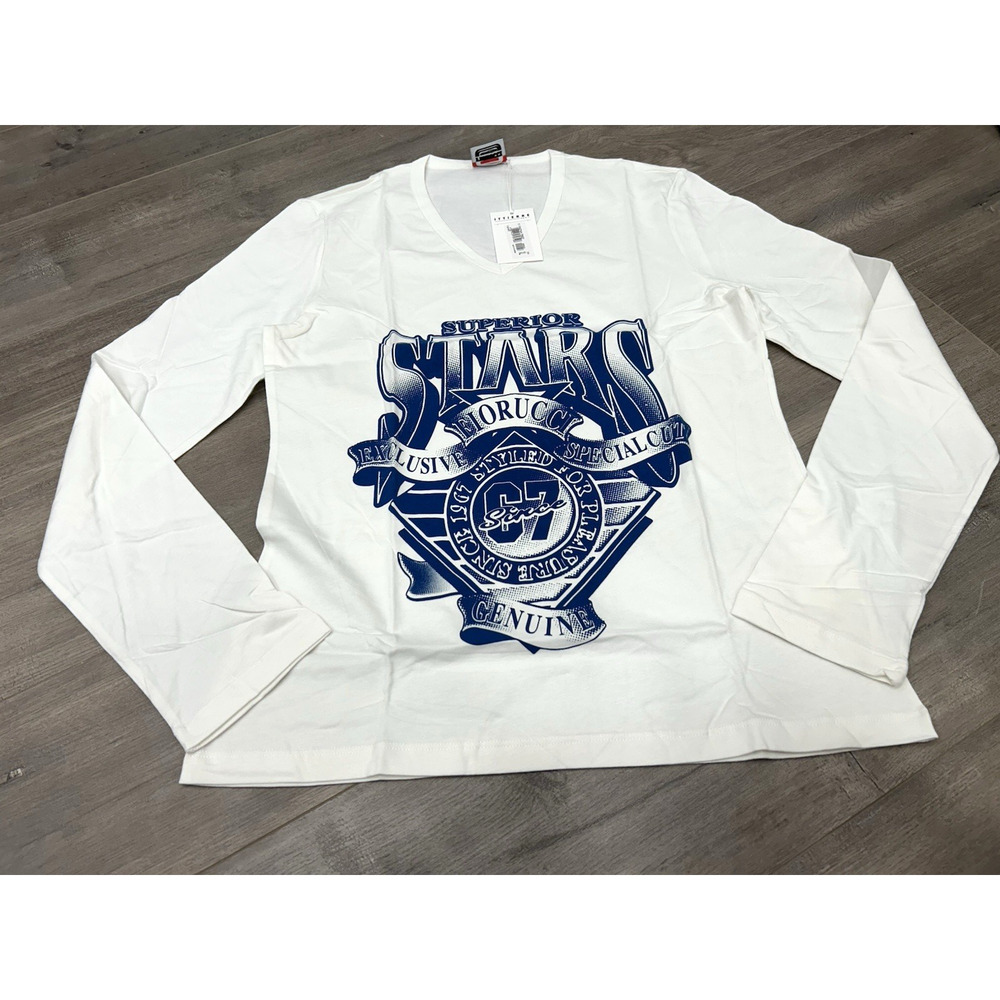 NWT Fiorucci Men's Long Sleeve Superior Stars Graphic Tee White Blue‎ T-Shirt XL